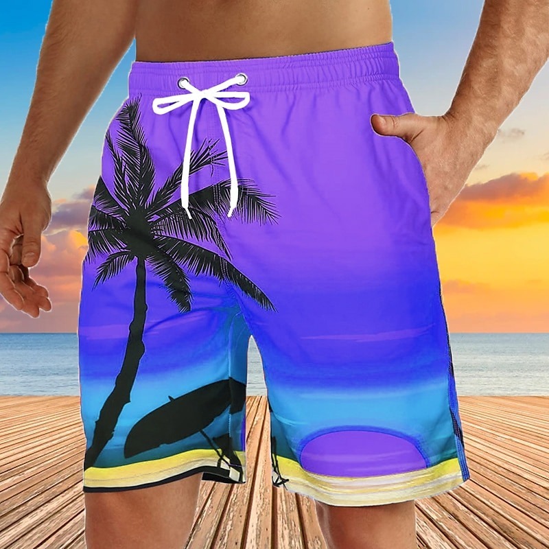 Men's Graphic Coconut Tree Swimming Trunks Board Shorts Swim Shorts Mid Waist Streetwear Hawaiian Boho Casual Daily Holiday Drawstring Elastic Waist 3D Print Designer Clothing Apparel