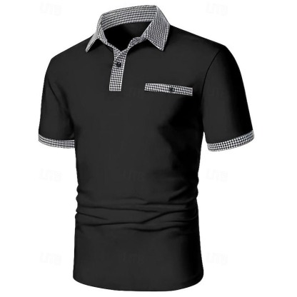 Men's Golf Shirt Golf Polo Work Casual Lapel Short Sleeve Basic Modern Color Block Houndstooth Patchwork Spring & Summer Regular Fit Black White Red Navy Blue Blue Beige Golf Shirt