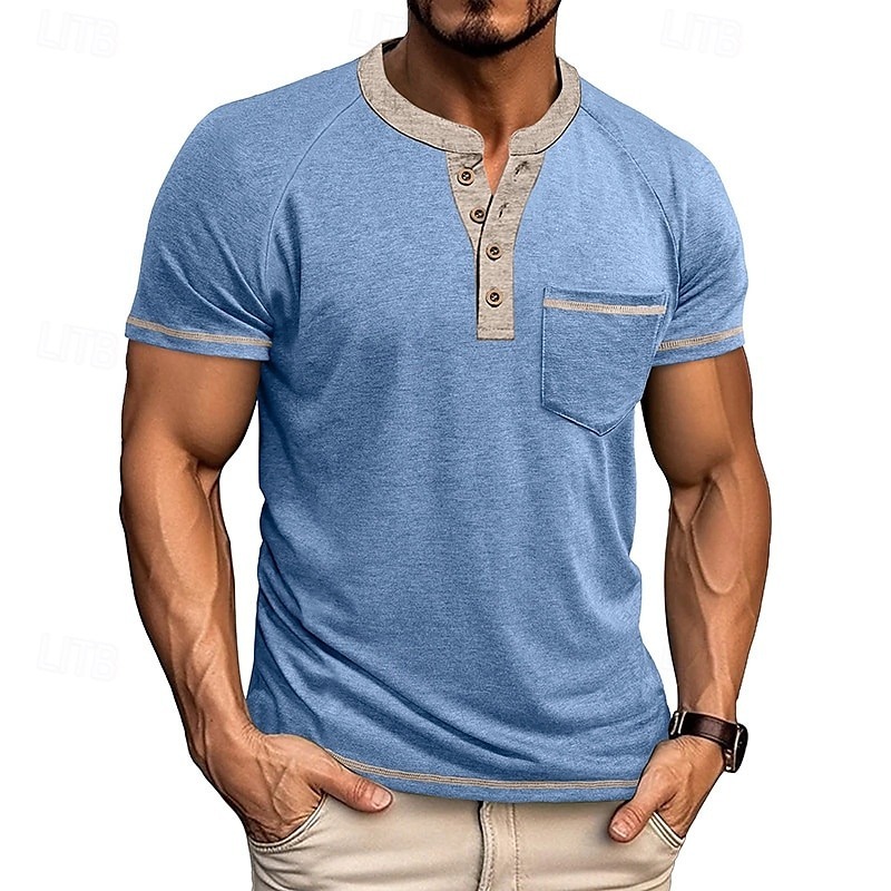 Men's T Shirt Henley Shirt Short Sleeve Shirt Tee Top Short Sleeve Henley Summer Color Block Solid / Plain Color Fashion Designer Fashion Vacation Street Going out Navy Black White Top Tee for Men
