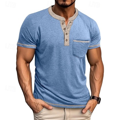 Men's T Shirt Henley Shirt Short Sleeve Shirt Tee Top Short Sleeve Henley Summer Color Block Solid / Plain Color Fashion Designer Fashion Vacation Street Going out Navy Black White Top Tee for Men