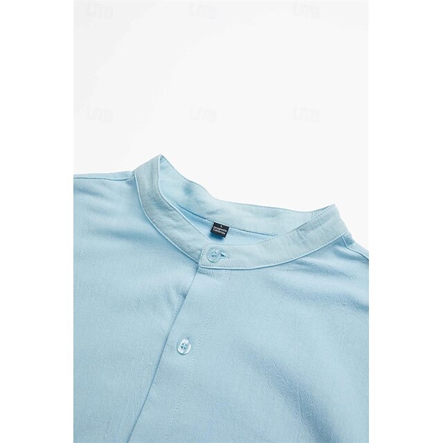 Men's Shirt Summer Shirt Beach Wear Button Up Shirt Black White Pink Red Long Sleeve Plain Band Collar Spring & Summer Casual Daily Clothing Apparel 100% Cotton