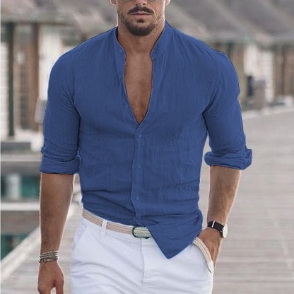 Men's Shirt Band Collar Shirt Summer Shirt Beach Wear Button Up Shirt Casual Shirt Black White Pink Army Green Long Sleeve Solid Color Collar Party Hawaiian Clothing Apparel