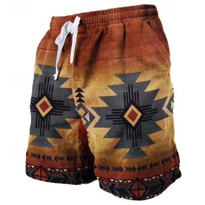 Men's Geometric Pattern Graphic Prints Sweat Shorts Beach Shorts Terry Shorts Mid Waist Vintage Ethnic Style Retro Vintage Daily Holiday Streetwear Drawstring Elastic Waist 3D Print Designer Clothing