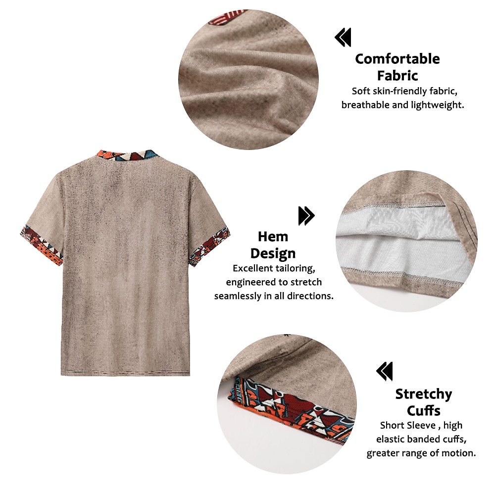 Tribal Bandana Print Designer Ethnic Men's 3D Print T shirt Tee Henley Shirt Casual Daily T shirt Yellow Brown Green Short Sleeve Standing Collar Shirt Summer Spring Clothing Apparel S M L XL XXL 3XL