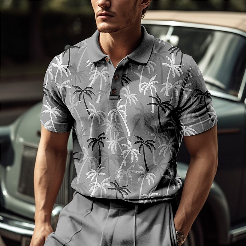 Men's Button Up Polos Lapel Polo Polo Shirt Golf Shirt Coconut Tree Graphic Prints Turndown Blue-Green Pink Blue Green Khaki Outdoor Street Short Sleeves Print Clothing Apparel Sports Fashion