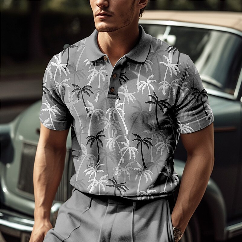Men's Button Up Polos Lapel Polo Polo Shirt Golf Shirt Coconut Tree Graphic Prints Turndown Blue-Green Pink Blue Green Khaki Outdoor Street Short Sleeves Print Clothing Apparel Sports Fashion