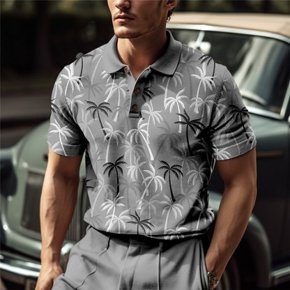 Men's Button Up Polos Lapel Polo Polo Shirt Golf Shirt Coconut Tree Graphic Prints Turndown Blue-Green Pink Blue Green Khaki Outdoor Street Short Sleeves Print Clothing Apparel Sports Fashion