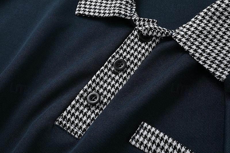 Men's Golf Shirt Golf Polo Work Casual Lapel Short Sleeve Basic Modern Color Block Houndstooth Patchwork Spring & Summer Regular Fit Black White Red Navy Blue Blue Beige Golf Shirt