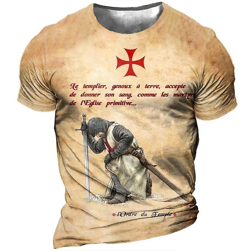 Men's Unisex Templar Cross Graphic Prints Soldier T shirt Distressed T Shirt Short Sleeve T shirt 3D Print Crew Neck Shirt Sports Designer Casual Outdoor Street Daily Light Yellow Black Yellow Summer