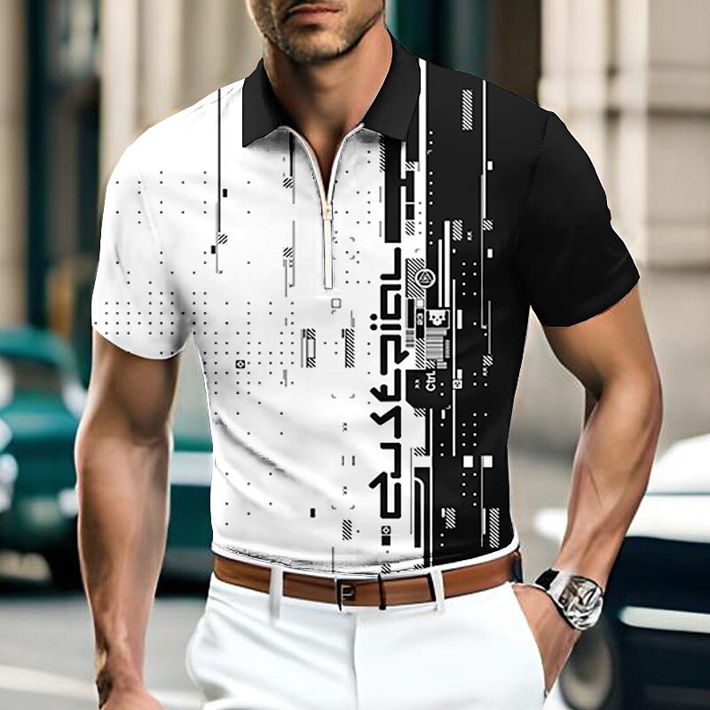Men's Zip Polo Lapel Polo Polo Shirt Golf Shirt Graphic Prints Geometry Turndown Blue-Green White Blue Green Khaki Outdoor Street Short Sleeves Zipper Print Clothing Apparel Fashion Designer Casual