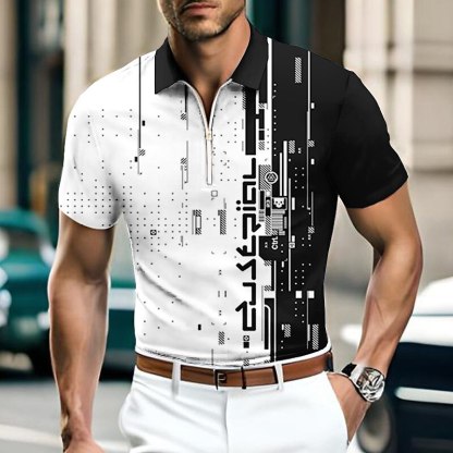 Men's Zip Polo Lapel Polo Polo Shirt Golf Shirt Graphic Prints Geometry Turndown Blue-Green White Blue Green Khaki Outdoor Street Short Sleeves Zipper Print Clothing Apparel Fashion Designer Casual