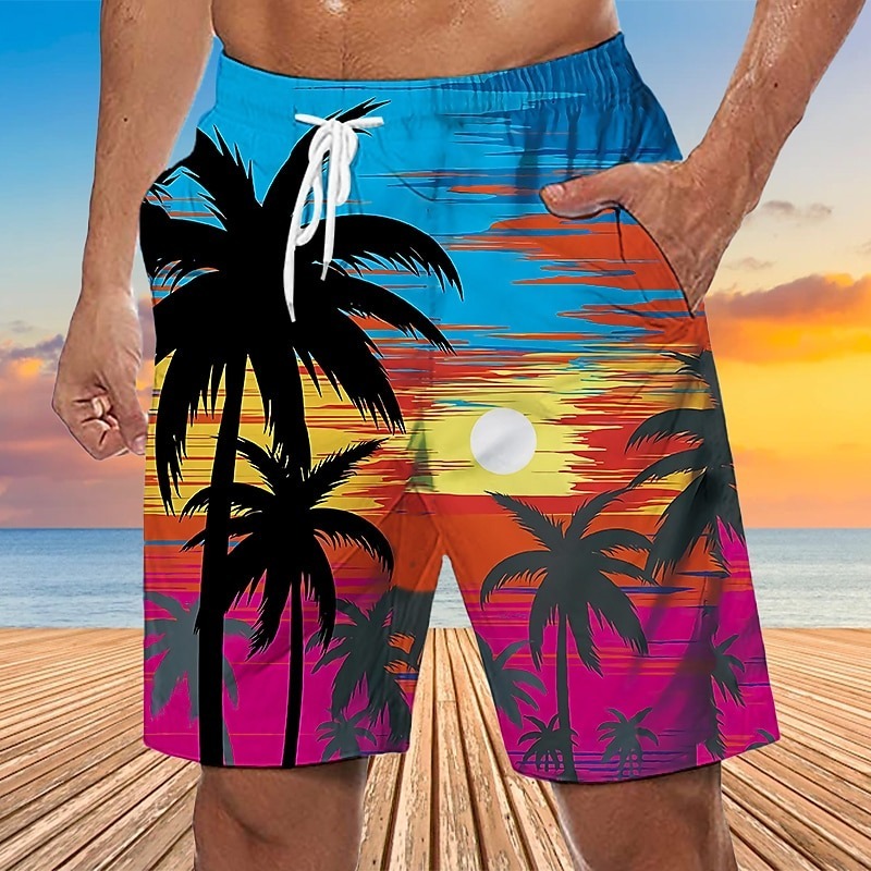 Men's Graphic Coconut Tree Swimming Trunks Board Shorts Swim Shorts Mid Waist Streetwear Hawaiian Boho Casual Daily Holiday Drawstring Elastic Waist 3D Print Designer Clothing Apparel