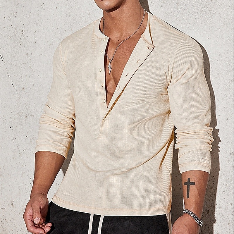 Men's T Shirt Henley Shirt Tee Tee Top Long Sleeve Henley Summer Spring Plain Fashion Designer Basic Buttons Vacation Street Going out Apricot Navy Blue Light Grey Top Tee for Men