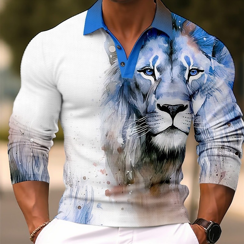 Men's Lion Polo Shirts Golf Shirt Long Sleeve Polo Shirts Collared Shirts Casual Funny Streetwear Vacation Wear Party Outfits Buttons 3D Print Yellow Red Blue