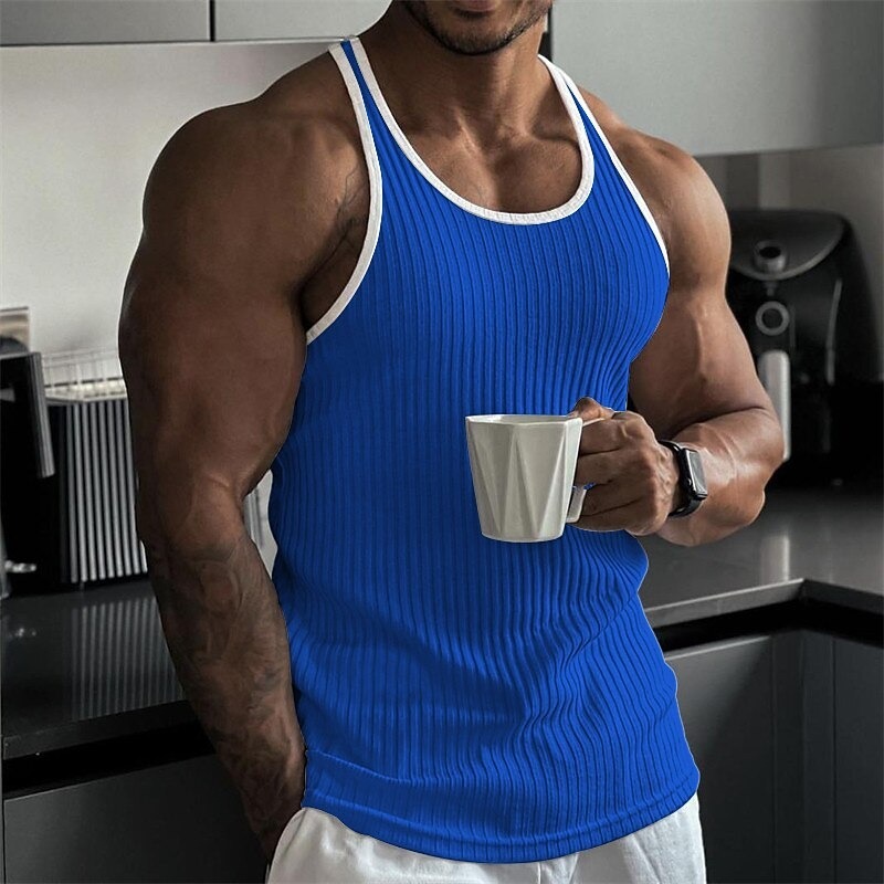 Men's Tank Top Rib Knit Top Wife beater Shirt Color Block Pit Strip Crew Neck Outdoor Going out Sleeveless Clothing Apparel Fashion Designer Muscle