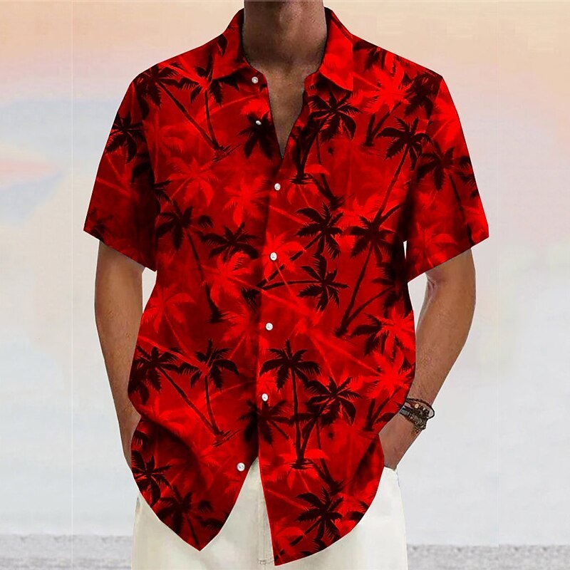 Men's Shirt Coconut Tree GraphicTurndown Yellow Pink Wine Navy Blue Blue Outdoor Street Short Sleeves Print Clothing Apparel Fashion Designer Casual Soft
