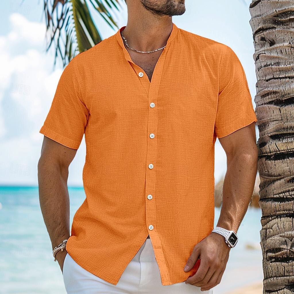 Men's Shirt Linen Shirt Summer Shirt Beach Wear Button Up Shirt Band Collar Shirt Black White Blue Orange Short Sleeve Plain Band Collar Summer Casual Daily Clothing Apparel