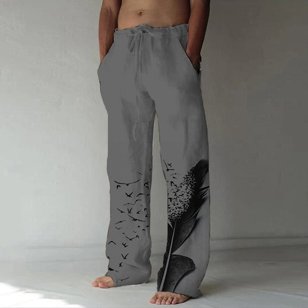 Men's Linen Pants Trousers Summer Pants Beach Pants Drawstring Side Pockets Elastic Waist Graphic Prints Feather Breathable Lightweight Yoga Daily For Vacation Casual Chinoiserie White Blue