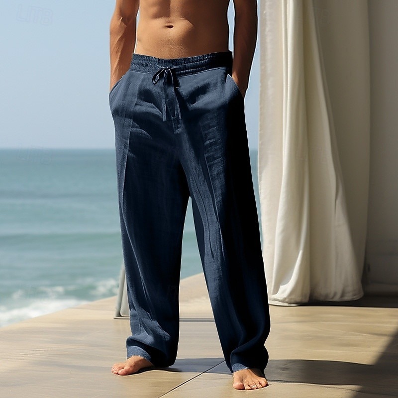 Men's Linen Pants Trousers Summer Pants Baggy Pants Beach Pants Drawstring Elastic Waist Straight Leg Plain Comfort Breathable Full Length Casual Daily Holiday Vacation Basic Black White