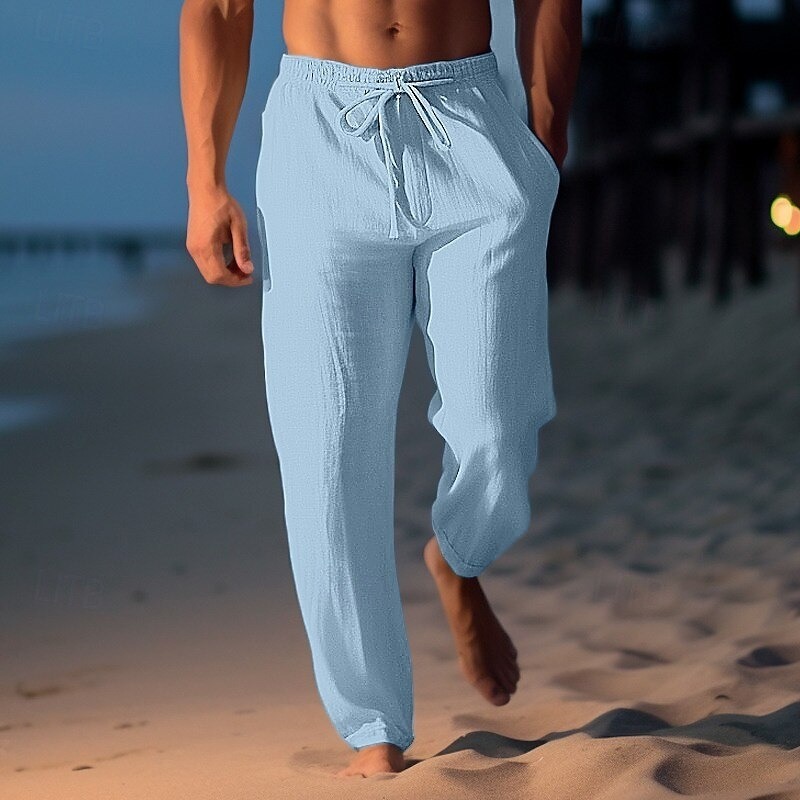 Men's Linen Pants Trousers Summer Pants Beach Pants Drawstring Elastic Waist Straight Leg Plain Comfort Breathable Casual Daily Holiday Fashion Classic Style Light Khaki Black