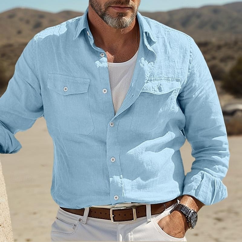 Men's Shirt Linen Shirt Summer Shirt Beach Wear Button Up Shirt Solid Color Street Daily White Blue Green Khaki Long Sleeve Fold-over Collar Clothing Apparel Pocket