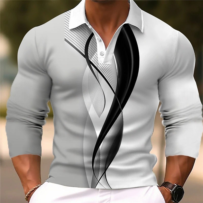Men's Geometric Polo Shirts Golf Shirt Long Sleeve Polo Shirts Collared Shirts Business Casual WorkWear Formal Wear Festival Wear Buttons 3D Print White Blue Brown