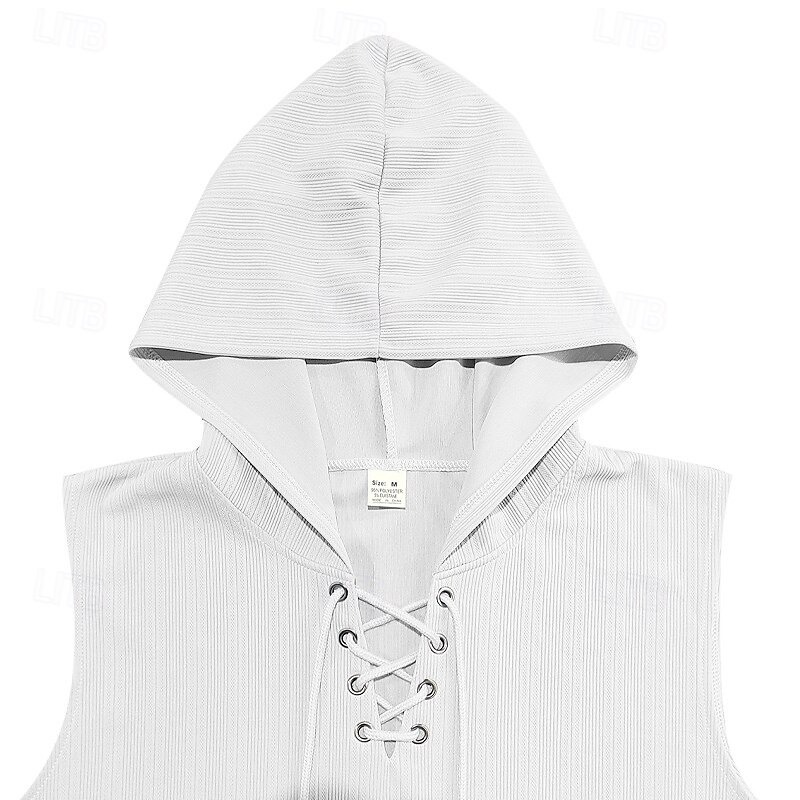 Men's Tank Top Sleeveless Hoodie Sleeveless Shirt Sleeveless Hooded Summer Pit Strip Fashion Designer Muscle Lace up Pocket Outdoor Gym Black White Khaki Top Tee for Men