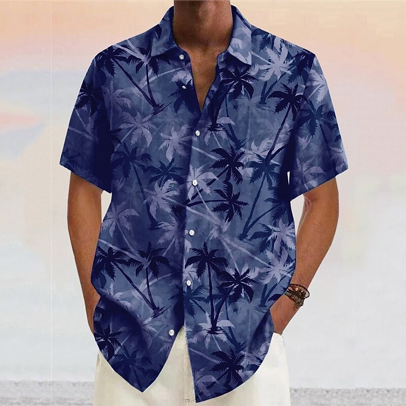 Men's Shirt Coconut Tree GraphicTurndown Yellow Pink Wine Navy Blue Blue Outdoor Street Short Sleeves Print Clothing Apparel Fashion Designer Casual Soft