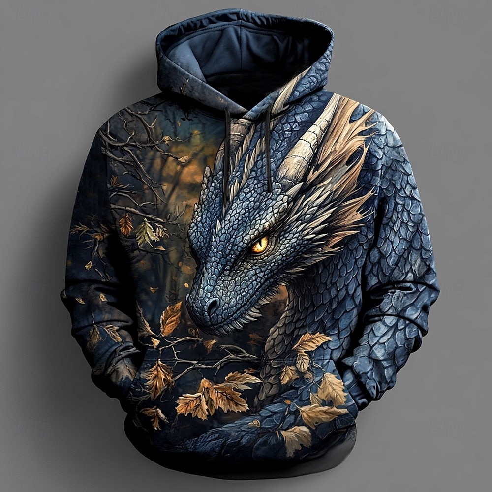 Men's Dragon Hoodies Sweatshirt Outerwear Long Sleeve Hooded Sweatshirt Crew Neck Fashion 3D Print Party Holiday Streetwear Black Blue Drawstring Fall Winter Designer