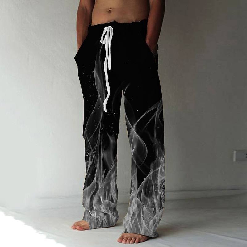 Men's Trousers Summer Pants Beach Pants Elastic Drawstring Design Front Pocket Straight Leg Graphic Prints Flame Comfort Soft Casual Daily For Vacation Linen Like Fabric Fashion Designer Yellow Blue