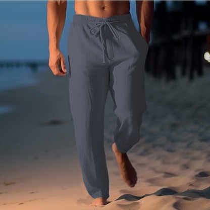 Men's Linen Pants Trousers Summer Pants Beach Pants Drawstring Elastic Waist Straight Leg Plain Comfort Breathable Casual Daily Holiday Fashion Classic Style Light Khaki Black