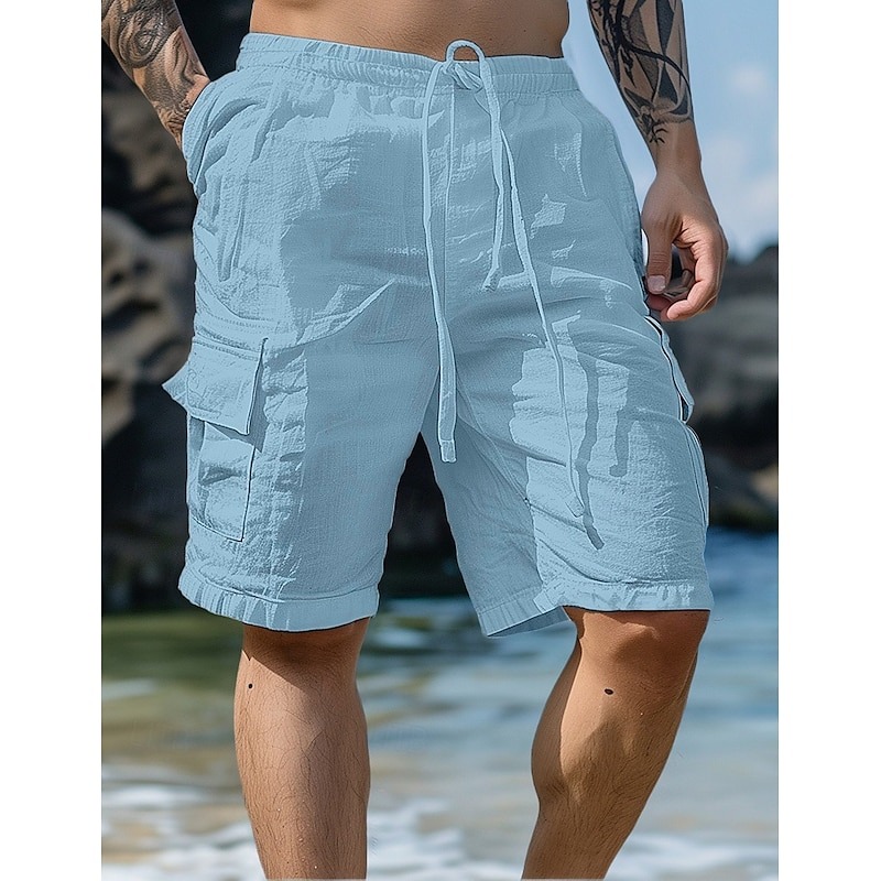 Men's Shorts Linen Shorts Summer Shorts Beach Shorts Drawstring Elastic Waist Multi Pocket Plain Knee Length Outdoor Beach Hawaiian Casual Black Inelastic