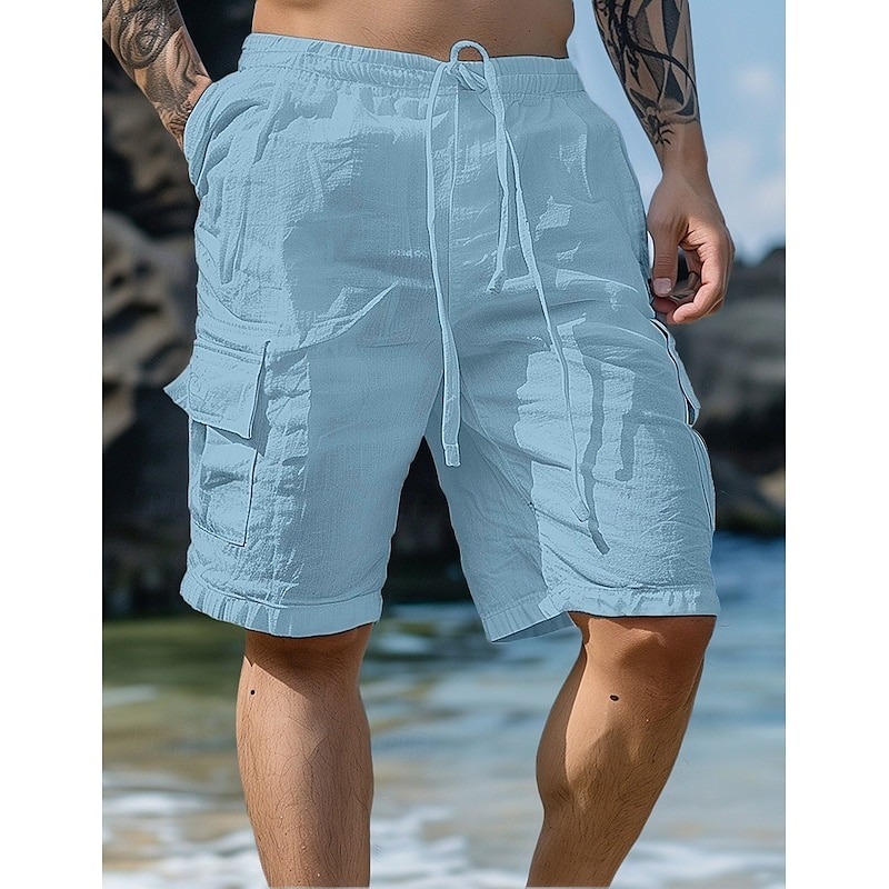 Men's Shorts Linen Shorts Summer Shorts Beach Shorts Drawstring Elastic Waist Multi Pocket Plain Knee Length Outdoor Beach Hawaiian Casual Black Inelastic