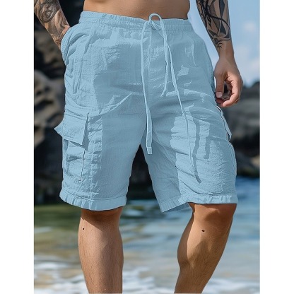 Men's Shorts Linen Shorts Summer Shorts Beach Shorts Drawstring Elastic Waist Multi Pocket Plain Knee Length Outdoor Beach Hawaiian Casual Black Inelastic