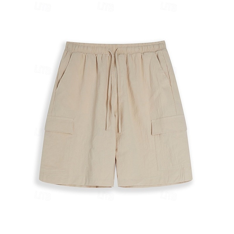 Men's Shorts Linen Shorts Summer Shorts Beach Shorts Drawstring Elastic Waist Multi Pocket Plain Knee Length Outdoor Beach Hawaiian Casual Black Inelastic