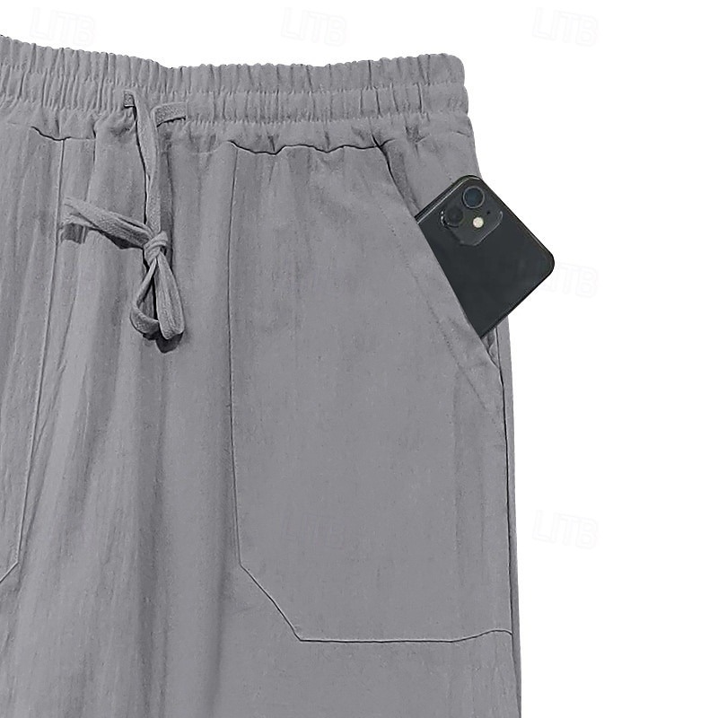 Men's Linen Pants Trousers Summer Pants Beach Pants Drawstring Elastic Waist Straight Leg Plain Comfort Breathable Full Length Casual Daily Holiday Fashion Classic Style Black White