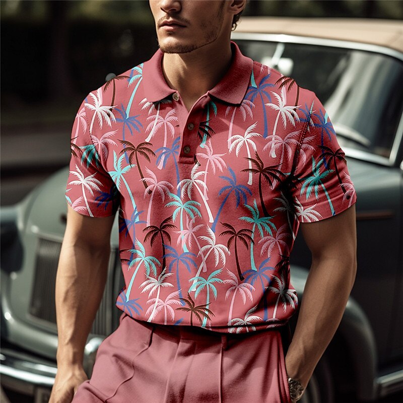 Men's Button Up Polos Lapel Polo Polo Shirt Golf Shirt Coconut Tree Graphic Prints Turndown Blue-Green Pink Blue Green Khaki Outdoor Street Short Sleeves Print Clothing Apparel Sports Fashion