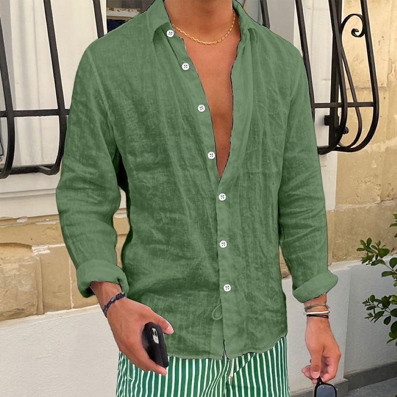 Men's Shirt Linen Shirt Summer Shirt Beach Shirt Plain Casual Daily Black White Pink Royal Blue Long Sleeve Lapel Spring & Summer Clothing Apparel