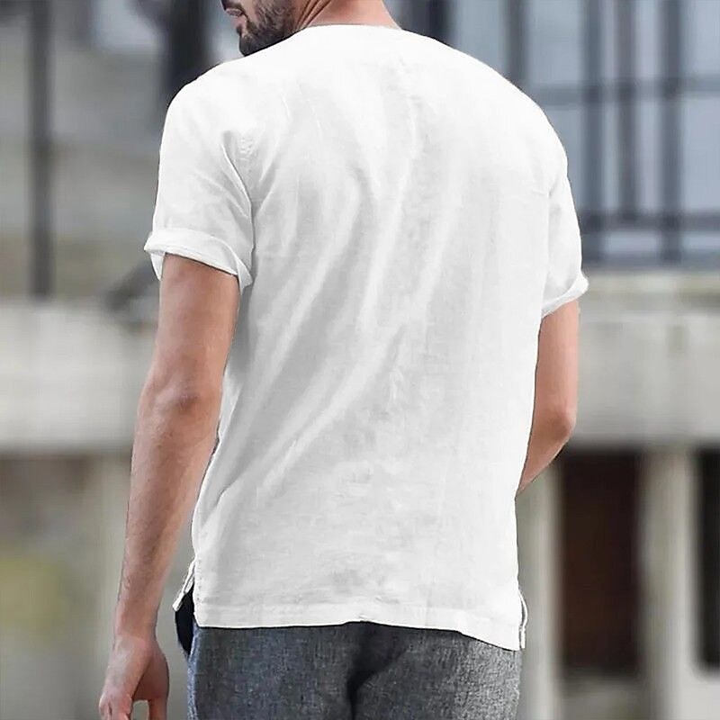 Men's Shirt Linen Shirt Band Collar Shirt Summer Shirt Beach Wear Button Up Shirt Plain Casual Daily Black White Blue Khaki Short Sleeve Band Collar Summer Clothing Apparel