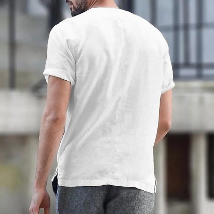 Men's Shirt Linen Shirt Band Collar Shirt Summer Shirt Beach Wear Button Up Shirt Plain Casual Daily Black White Blue Khaki Short Sleeve Band Collar Summer Clothing Apparel