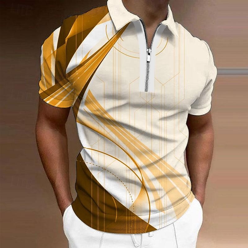 Men's Geometric Zip Polo Shirts Golf Shirt Short Sleeve Polo Shirts Collared Shirts Business Casual Vacation Wear Formal Wear Festival Wear 3D Print Quarter Zip Polo Yellow Army Green Red