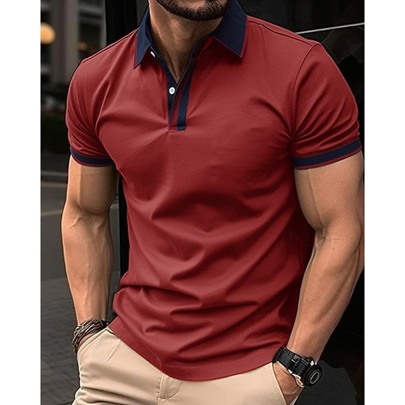 Men's Golf Shirt Golf Polos Shirts Work Casual Lapel Short Sleeve Basic Modern Color Block Patchwork Buttons Summer Spring Regular Fit Apricot Black White Red Blue Orange Golf Shirt