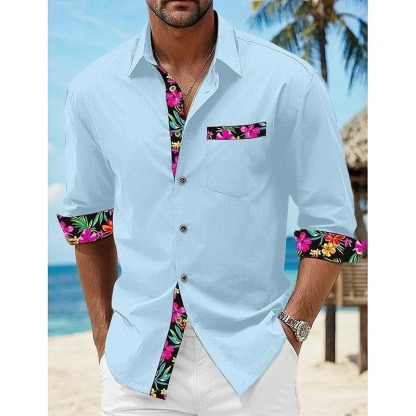 Men's Shirt Linen Shirt Summer Shirt Beach Wear Button Up Shirt Floral Vacation Curise Black White Pink Blue Long Sleeve Lapel Spring & Fall Clothing Apparel Splice