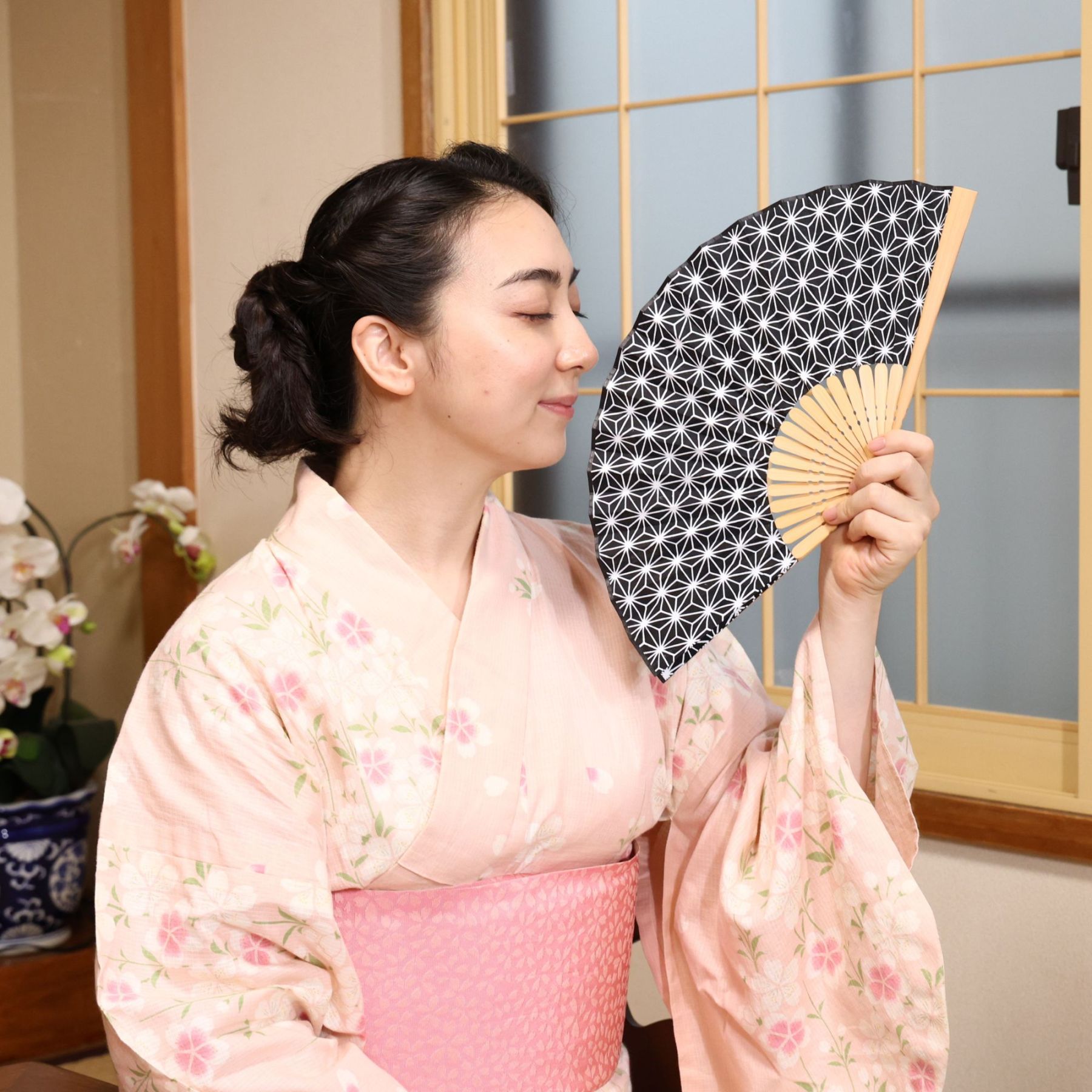 香り付麻製京扇子 - ゆず（柚子）/ひのき（檜）