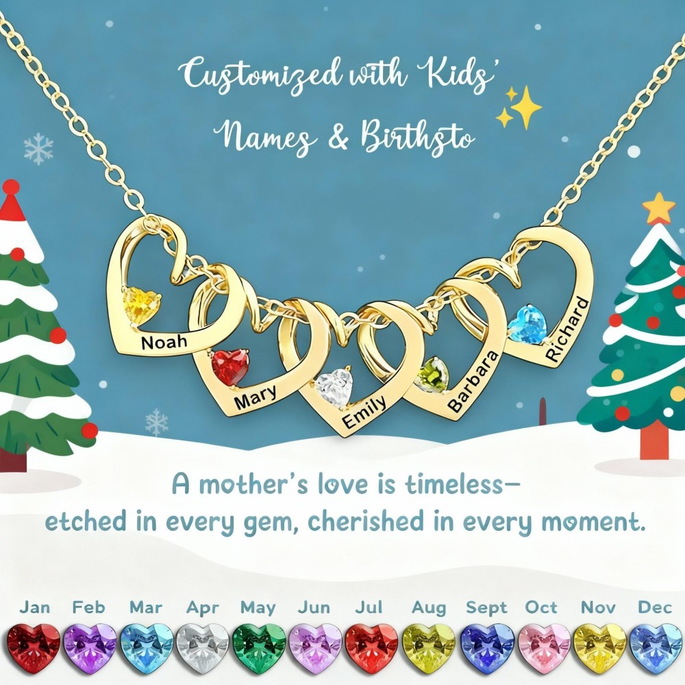 お母さん、おばあちゃんへのパーソナライズされたハート型誕生石ネックレス