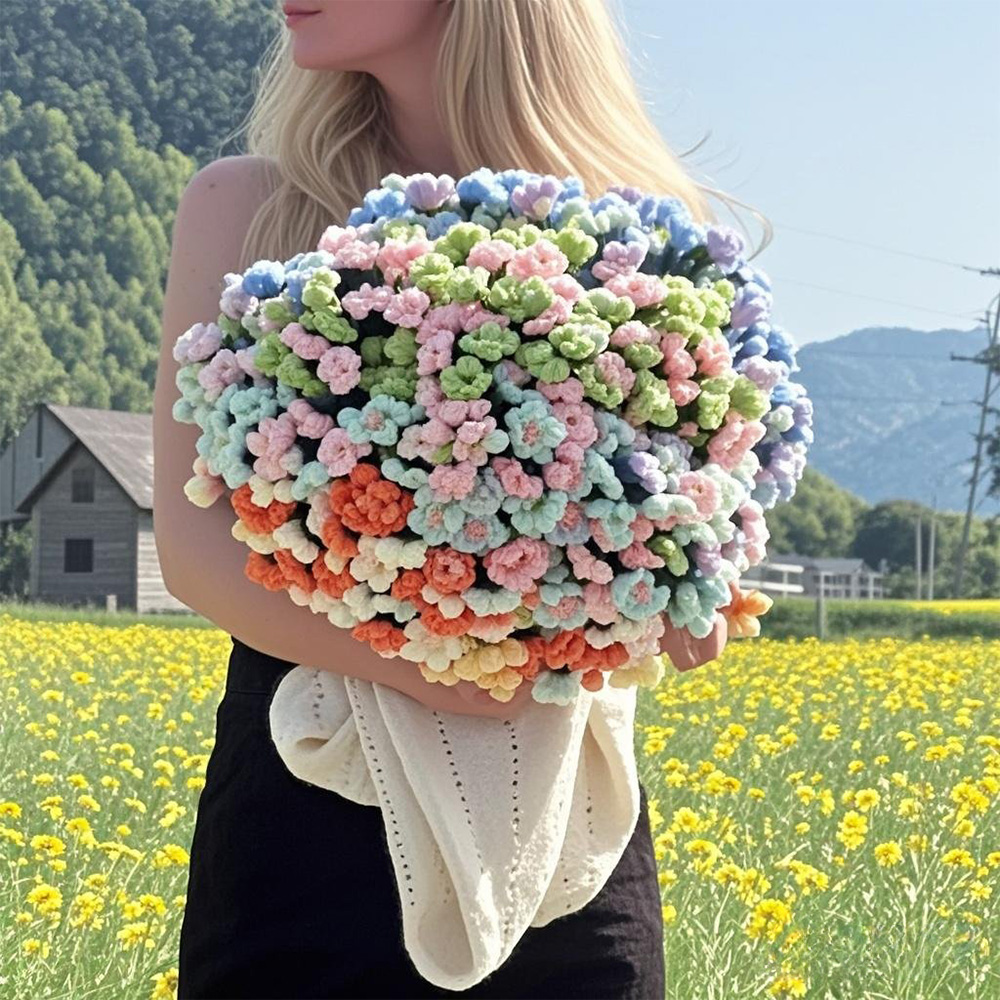 手編みのデイジーブランケットブーケブランケット.既製の手編みフラワーブランケット.お母様や彼女へのギフトに.