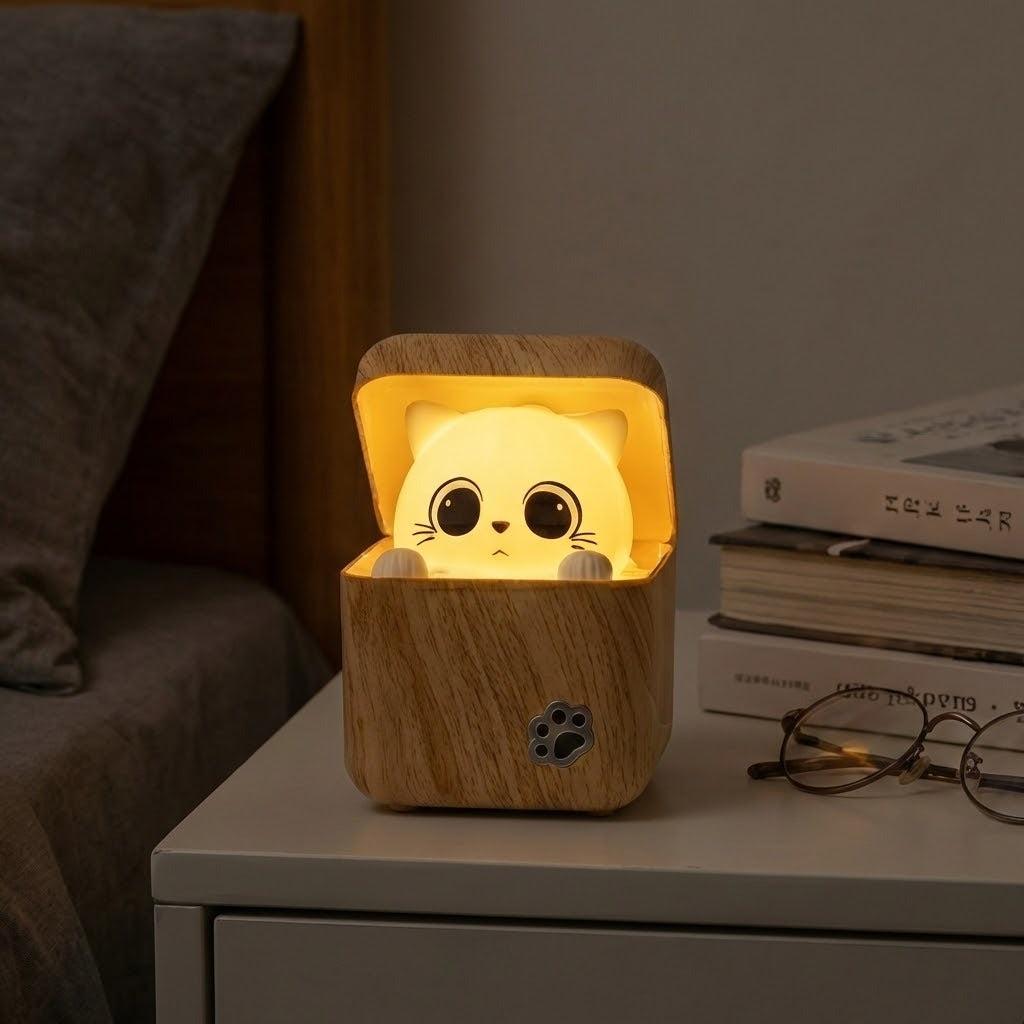 かわいいいないいないばあ猫木製ナイトライトランプ 3 色調光可能な LED ランプリモコン付き