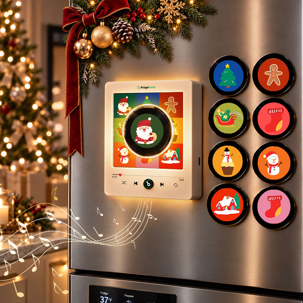 冷蔵庫用磁気クリスマスミュージックプレーヤー – 9つのホリデーアイコンとLEDライト付きのお祝いのビニールスタイルの装飾