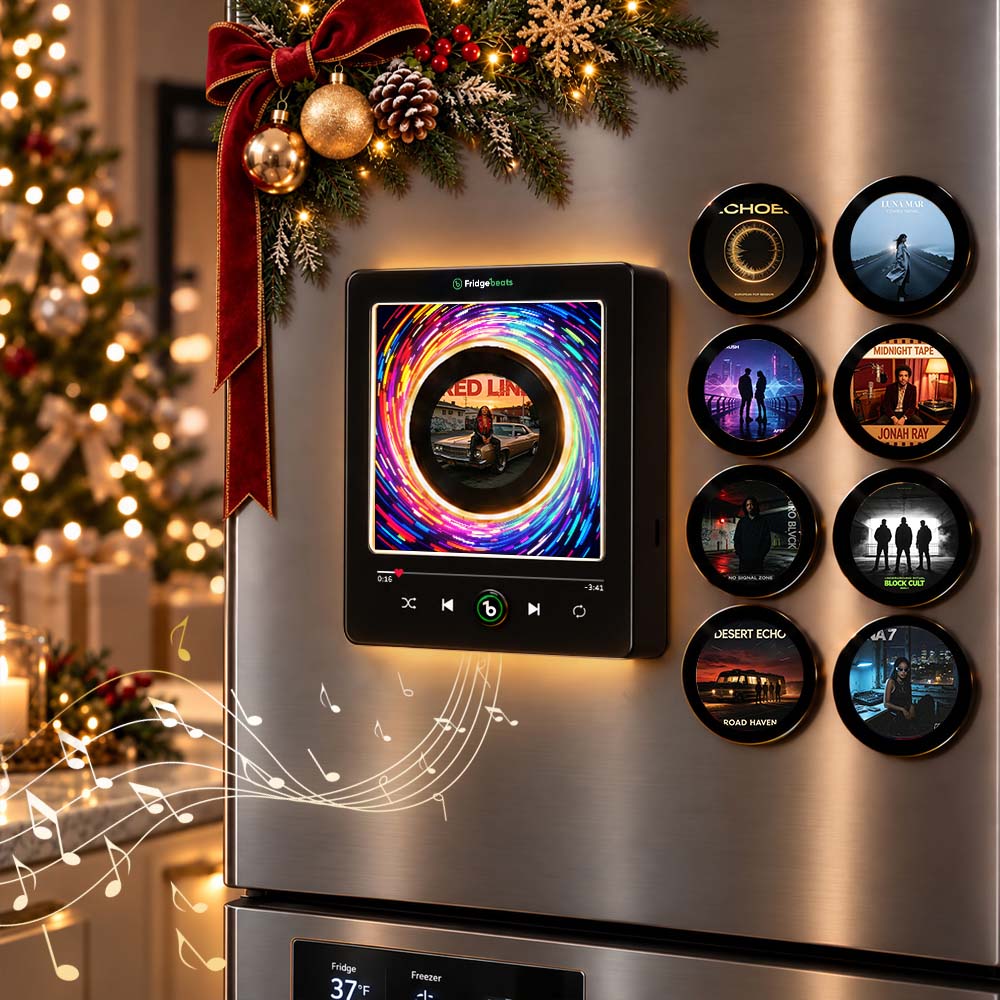 都市生活者のためのクリスマスギフトミニマリストレトロ音楽装飾 – 回転ビニールマグネット付き LED 冷蔵庫アートフレーム Fridgebeats V6.0