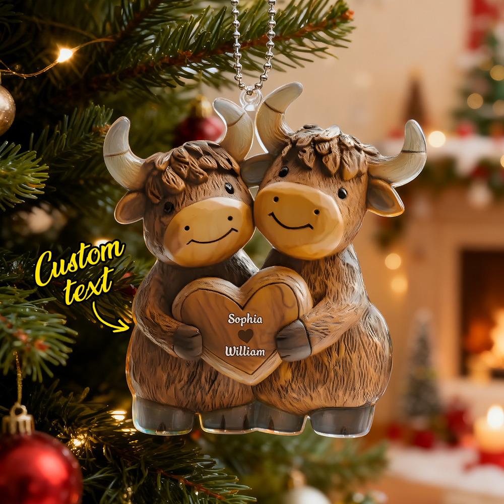 ハイランドカウルカップル - パーソナライズされたクリスマスアクリルオーナメント